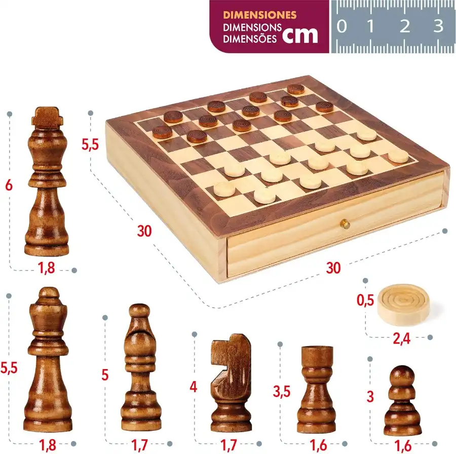 Tablero y piezas de madera con dimensiones
